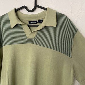 Vintage Structure Cotton Polo - Green Lines on Soft Olive Green (Large)